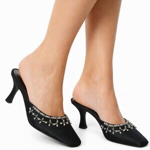 Ann Marino Black Satin Beaded Mule Heels Women Slip-On Dress Shoes Evening SZ 7M